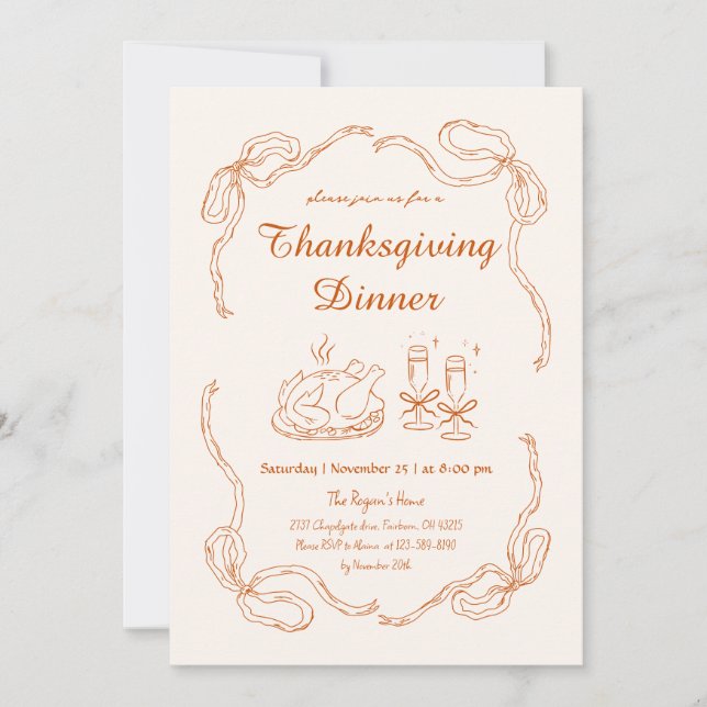 Doodle Hand Draw Quirky Thanksgiving Dinner Inbjudningar (Framsida)