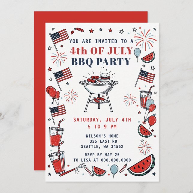 Doodle Hand Drawn July 4th BBQ Holiday Party  Inbjudningar (Fram/baksida)