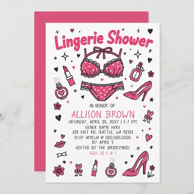 Doodle Hand Drawn Lingerie Shower Bachelorette  Inbjudningar (Fram/baksida)