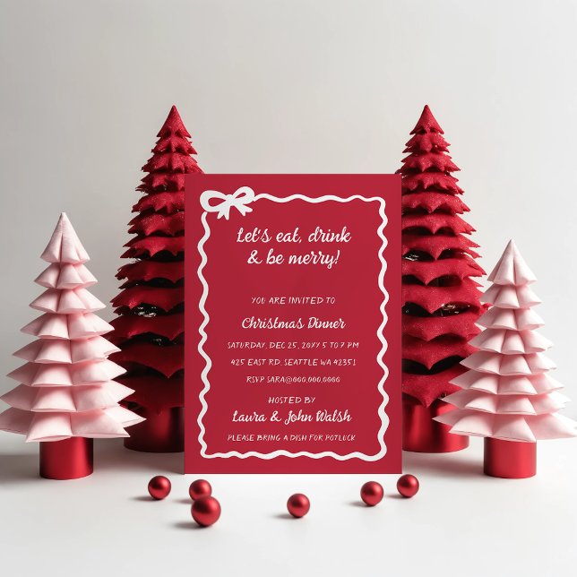 Doodle Hand plockade Red White Bow jul Party Inbjudningar (Doodle Hand drawn Red White Bow Christmas Party Invitation)
