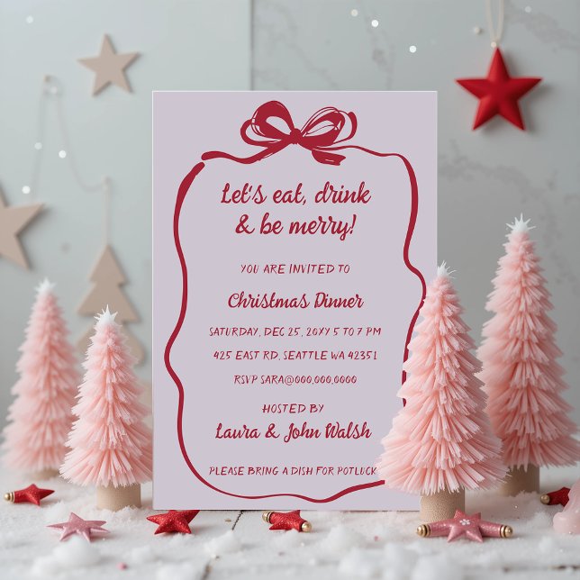 Doodle Hand plockade Rosa Red Bow jul Party Inbjudningar (Doodle Hand drawn Pink Red Bow Christmas Party Invitation)