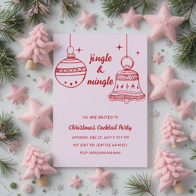 Doodle Hand plockade Rosa Red jul Party Inbjudningar (Doodle Hand drawn Pink Red Christmas Party Invitation)
