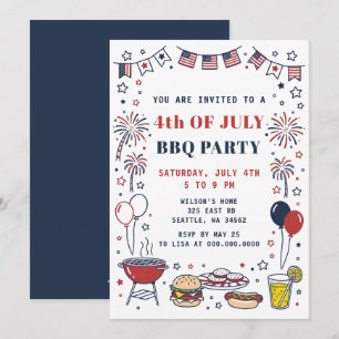 Doodle Handritad 4:e Juli Grillfest Högtidsfest Inbjudningar