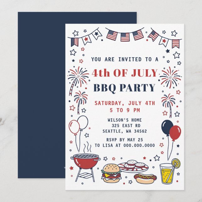 Doodle Handritad 4:e Juli Grillfest Högtidsfest  Inbjudningar (Fram/baksida)