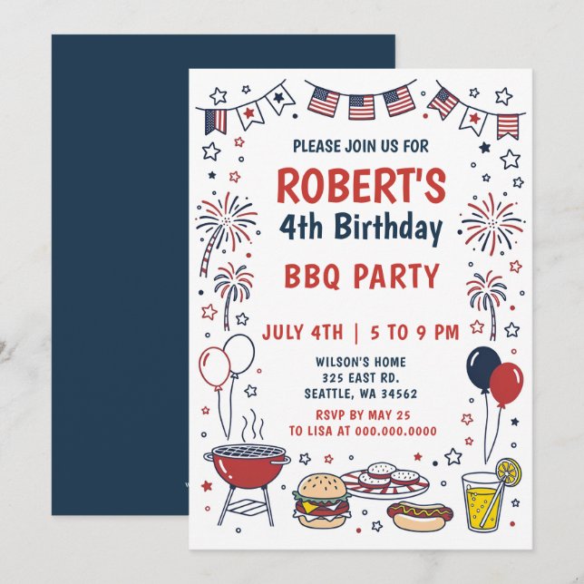 Doodle Handritad 4:e Juli Grillning Födelsedagsfes Inbjudningar (Fram/baksida)