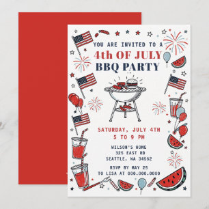 Doodle Handritad 4 juli BBQ Holiday Party  Inbjudningar