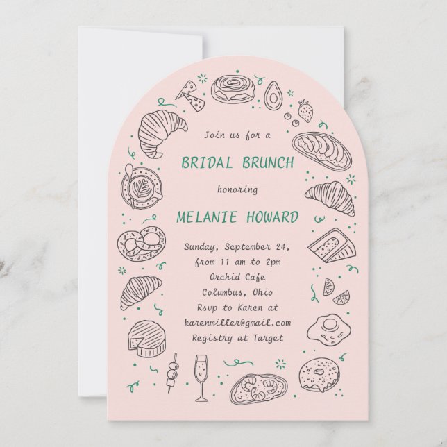 Doodle handritad bröllopsdusch-inbjudan för brunch inbjudningar (Framsida)