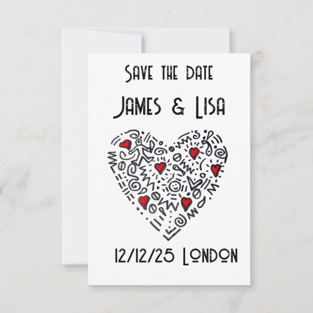 Doodle Heart Save the Date – Svart, Vit anpassad Tack Kort (Framsida)