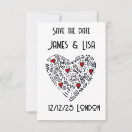 Doodle Heart Save the Date – Svart, Vit anpassad Tack Kort