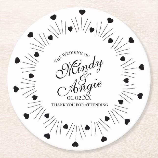 Doodle Hearts Frame Script Wedding Underlägg Papper Rund (Framsidan)
