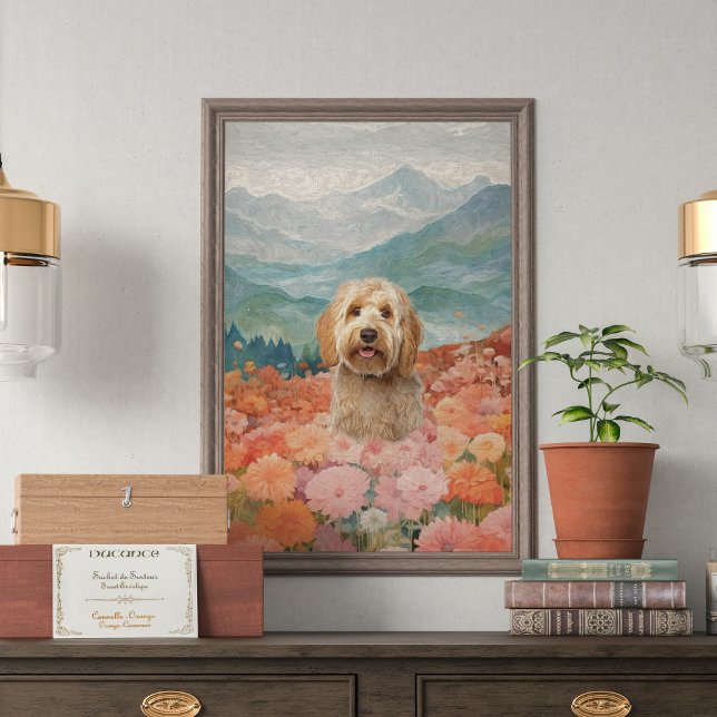 Doodle Hund Painting Fält av blommor Glatt Canvastryck (dog lovers, art enthusiasts, creativity, Doodle Dog Painting, Field of Flowers, Joyful Canvas Print,)