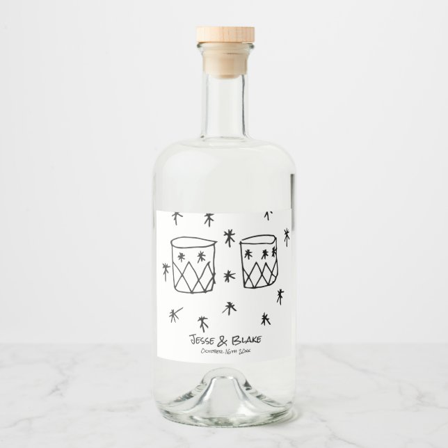 Doodle Illustrations Bröllop i Black and White Spritflaskor Etikett (Framsida)