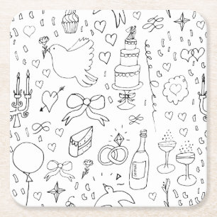Doodle Illustrations Bröllop i Black and White Underlägg Papper Kvadrat