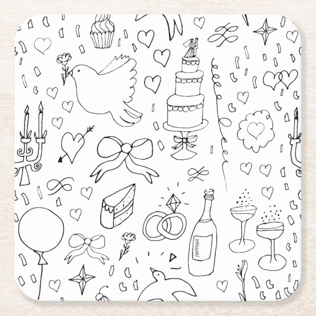 Doodle Illustrations Bröllop i Black and White Underlägg Papper Kvadrat (Framsidan)