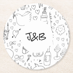 Doodle Illustrations Bröllop i Black and White Underlägg Papper Rund