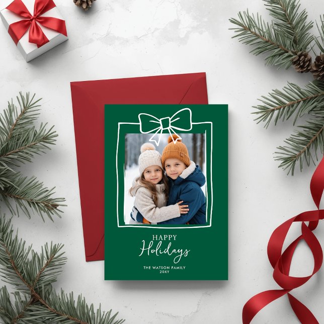 Doodle jul 4 Photo Hand Drawn Bow Ribbon Julkort (Doodle Christmas 4 Photo Hand-Drawn Bow Ribbon Holiday Card)