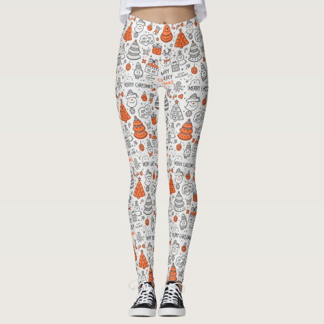 Doodle jul orange grå mönster leggings (Framsida)