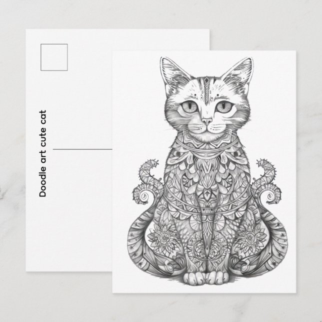 Doodle konst söt katt vykort (Fram/baksida)