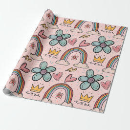 Doodle Krona, Regnbåge, Blommor, Persika Akvarelle Presentpapper