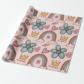 Doodle Krona, Regnbåge, Blommor, Persika Akvarelle Presentpapper