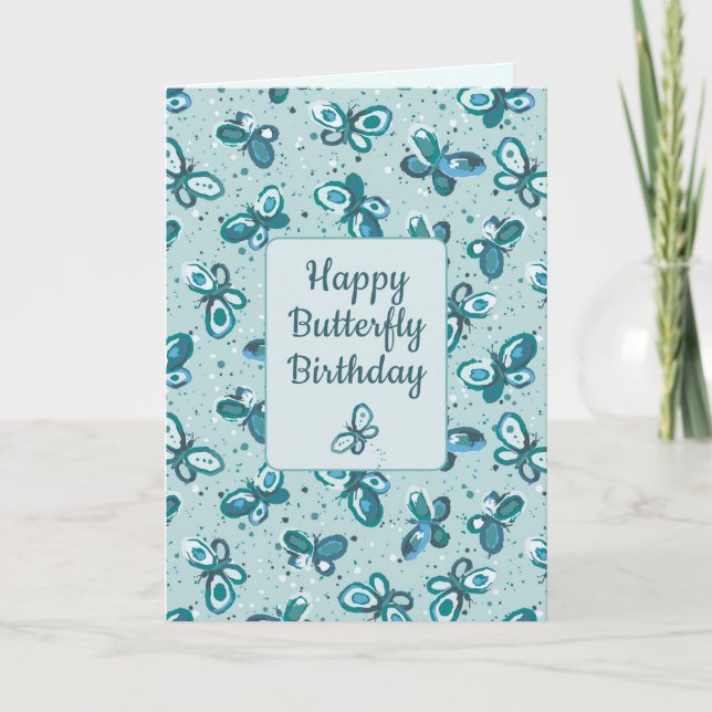 Doodle Kryp Butterflies - turkos - födelsedag. Kort (Framsida)