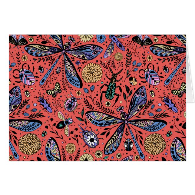 Doodle kryp på korallrött hälsningskort (Framsidan Horizontal)