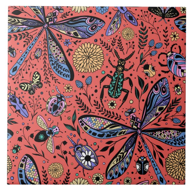 Doodle kryp på korallrött kakelplatta (Framsidan)