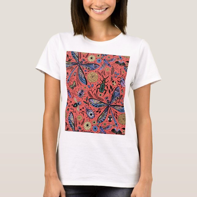 Doodle kryp på korallrött t shirt (Framsida)