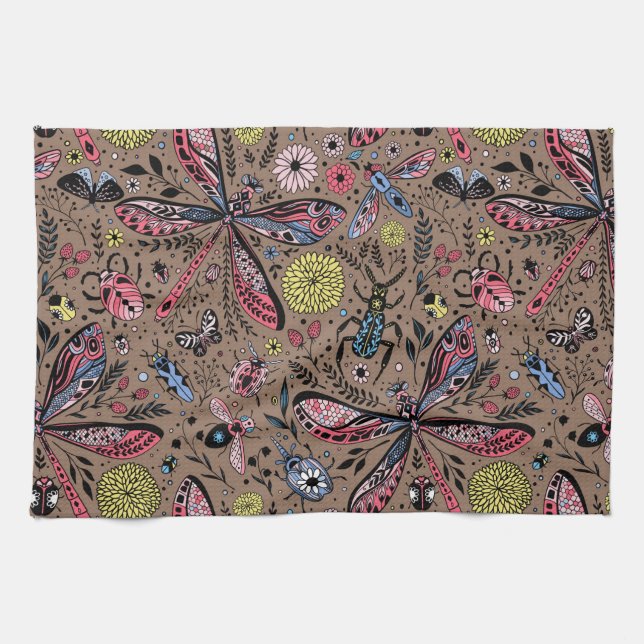 Doodle kryp på mocha brun kökshandduk (Horisontell)