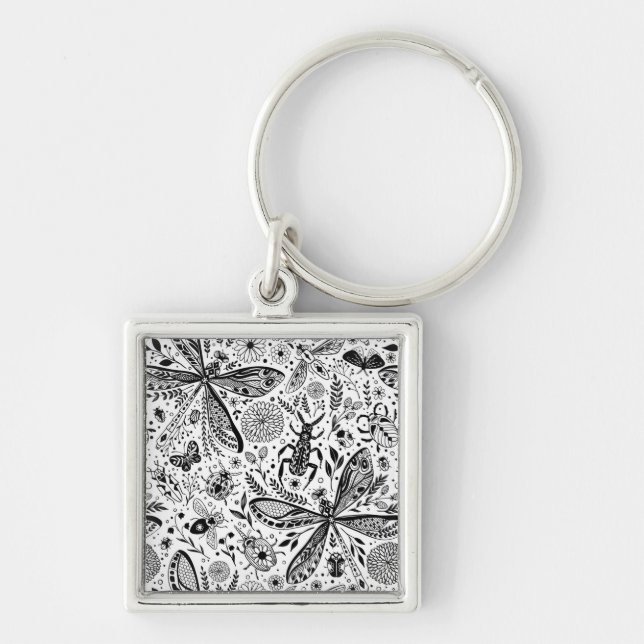 Doodle kryp på mörk blått fyrkantig silverfärgad nyckelring (Framsidan)