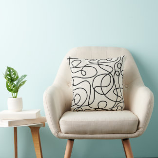 Doodle Line Art Mönster | Svart på Cream Kudde