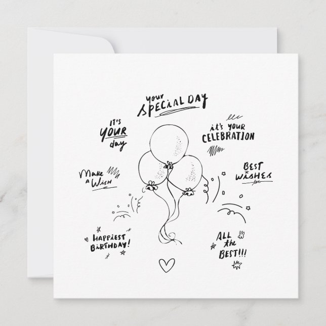 Doodle Modern Balloon Grattis på födelsedagen Card Inbjudningar (Framsida)