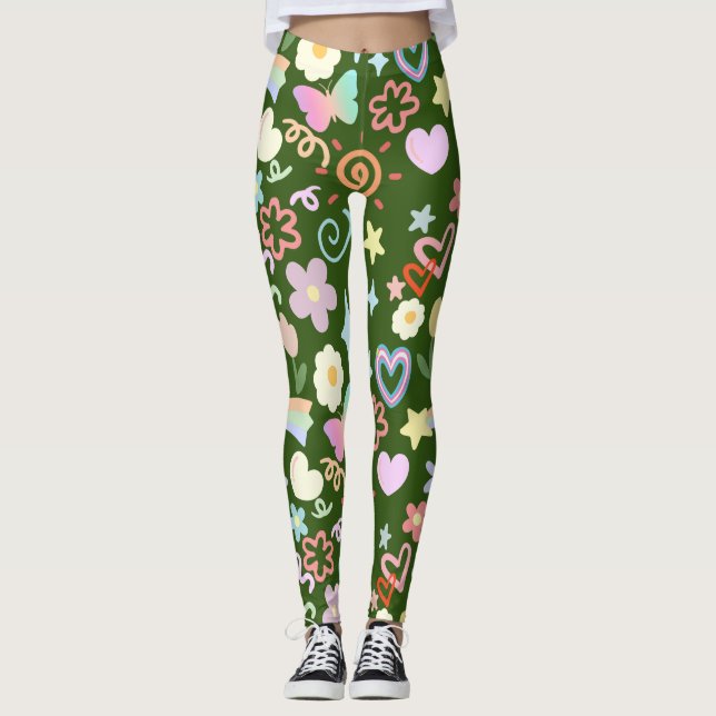 Doodle mönster pastel shade D Grönt BG Leggings (Framsida)