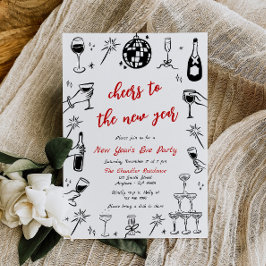 Doodle Nyårsafton Party-inbjudan Quirky Red Inbjudningar