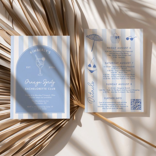 Doodle Orange Spritz Social Club Bach-helg Inbjudningar (Orange spritz social club bachelorette weekend invitation with itinerary and QR code)