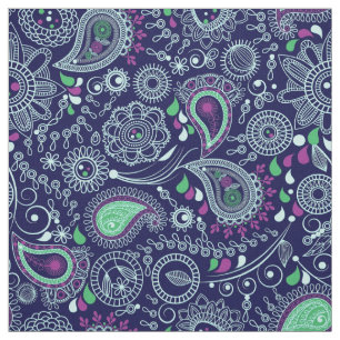 Doodle Paisley Mönster Mörk blått Tyg