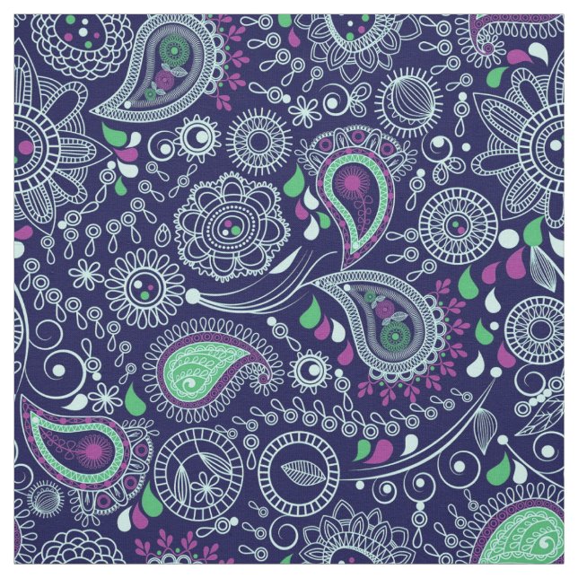 Doodle Paisley Mönster Mörk blått Tyg (Provkarta)