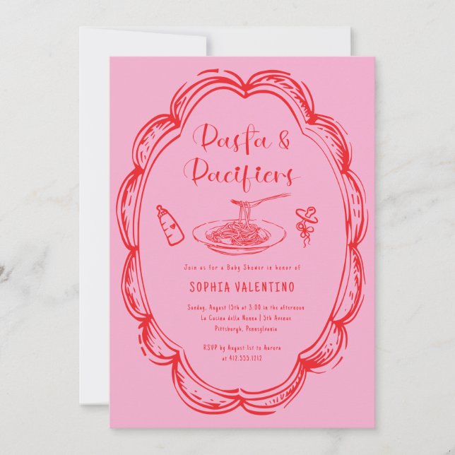 Doodle Pasta och Napp Baby Shower  Inbjudningar (Framsida)