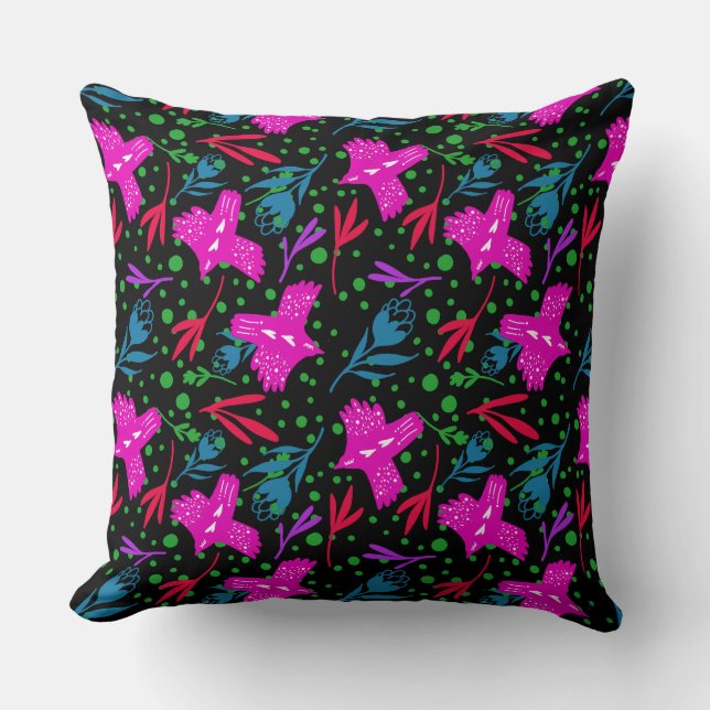 Doodle pattern flowers, leaves birds black backgro kudde (Framsida)