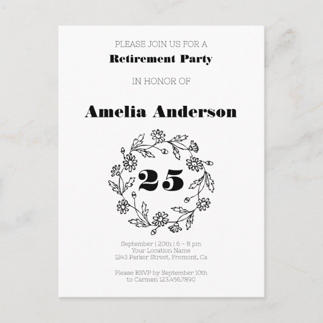 Doodle pension, modern blomsvart vykort (Framsida)