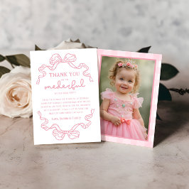 Doodle Pink Bow Baby Girl 1st Birthday Photo Tack Kort