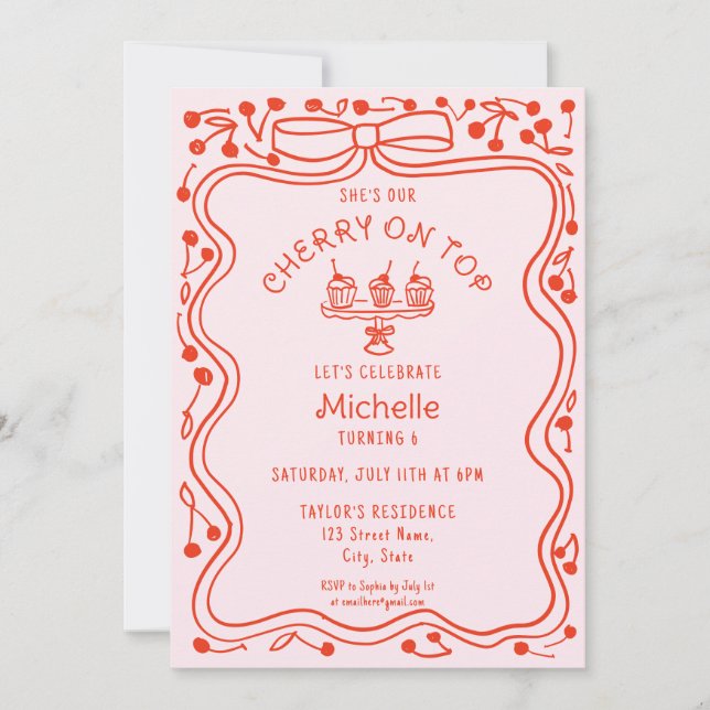 Doodle Red Rosa Bow Cherry på Top Girl Birthday Inbjudningar (Framsida)