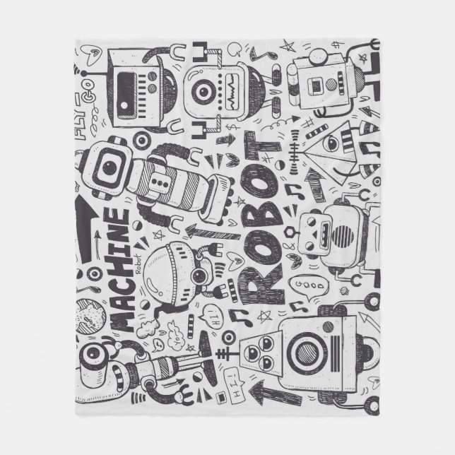 Doodle Robot Illustrator Teckning Fleecefilt (Framsidan)