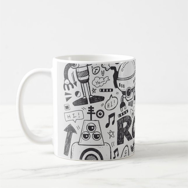 Doodle Robot Illustrator Teckning Kaffemugg (Vänster)