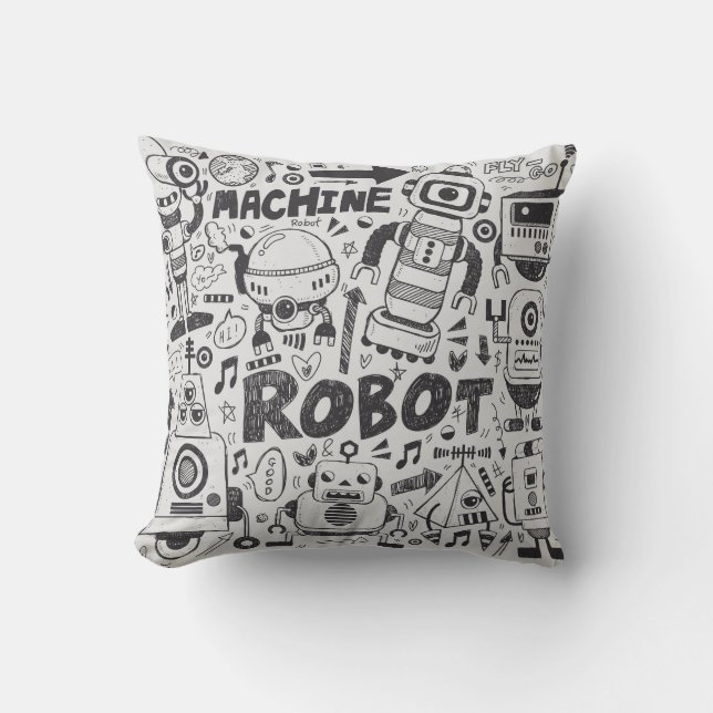 Doodle Robot Illustrator Teckning Kudde (Framsida)