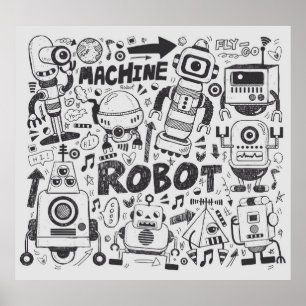 Doodle Robot Illustrator Teckning Poster
