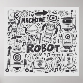 Doodle Robot Illustrator Teckning Poster