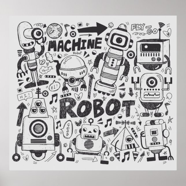 Doodle Robot Illustrator Teckning Poster (Framsidan)