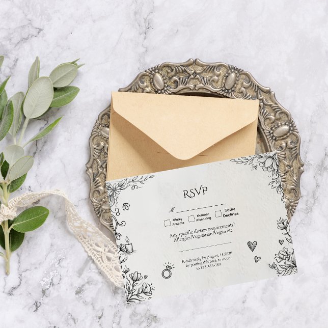 Doodle Romantisk Rustik Handritad Bröllops-RSVP OSA Kort (Skapare uppladdad)