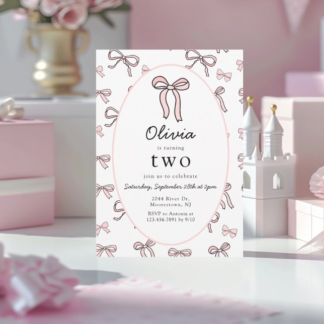 Doodle Rosa Bow, andra födelsedag Inbjudningar (Skapare uppladdad)